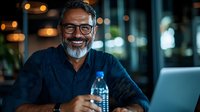 Mature Hispanic businessman with gray beard and glasses smiling while working late at office desk with laptop. Natural lighting creates warm professional atmosphere.