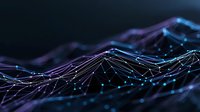 Abstract network of glowing blue and purple lines forming wave-like patterns against dark background, connected dots creating digital landscape visualization.