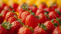 Fresh ripe strawberries with green leaves arranged in rows, macro close up view showing vibrant red color and natural texture against warm yellow background.