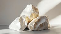 Raw white quartz crystal clusters with golden inclusions on neutral background, illuminated by natural sunlight creating dramatic shadows and highlights.