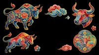 Colorful ornamental bull and ox heads with decorative horns, floral patterns, and mandala designs isolated on transparent background. Ready for t-shirt design, clipart, stickers, and print-on-demand products.