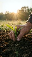Farmer hands protecting young green plant seedling growing in fertile soil at sunrise with golden sunlight rays for agriculture and environmental care.