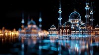 Illuminated mosque with glowing minarets and domes reflected in water at night, creating magical atmosphere with blue and golden lights. Religious architecture.