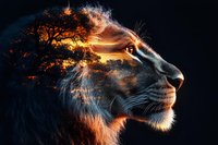Majestic lion profile with double exposure effect combining sunset savanna landscape and tree silhouettes, creating dramatic wildlife art against dark background.