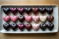 Heart-shaped chocolate bonbons arranged in rows on ceramic plate, featuring dark, pink, and white varieties with sparkly and speckled decorative finishes.