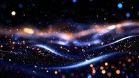 Magical cosmic waves with glowing particles and bokeh lights creating abstract space background in dark blue and golden colors. Dreamy celestial pattern.
