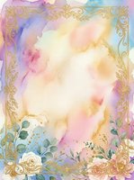 Watercolor background with soft pastel washes in pink, blue, and gold tones, ornate golden filigree border frame, delicate floral elements and eucalyptus leaves at bottom, isolated on white for design use.