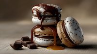 Gourmet chocolate macarons with caramel filling dripping onto wooden surface, luxury French pastry dessert for bakery menu and culinary advertising.