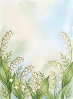 Watercolor lily of the valley border with soft green and blue pastel background, delicate white bell flowers, spring botanical art for cards and invitations.