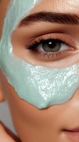 Close-up of brown eye with long eyelashes and mint green clay mask on face, showing skincare and beauty treatment for spa and cosmetic advertising.