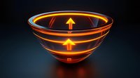 Glowing orange neon arrows spiral around transparent glass bowl against dark background creating futuristic technological concept with light reflection effects.