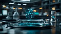 Glowing blue holographic sphere floating above futuristic circular platform with network connections in dark laboratory setting, science visualization concept.