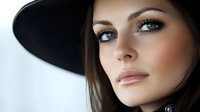 Young Caucasian woman wearing black wide brim hat gazes upward with dramatic makeup, glossy lips and blue eyes against soft light background. Fashion portrait.
