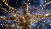 Silhouette of person with outstretched arms surrounded by glowing particles, DNA strands, and cosmic elements against starry universe background representing spiritual awakening.