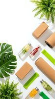 Eco-friendly wellness products arranged with fresh green plants and infused water bottles on white background, promoting sustainable lifestyle and natural beauty routines.