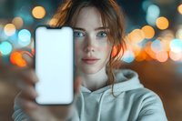 Young woman with blue eyes showing blank smartphone screen against blurred city lights background, wearing casual hoodie.