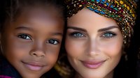 Diverse female faces showing unity and connection - African American child and Caucasian woman with headscarf smiling warmly in close-up portrait against dark background.