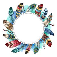 Colorful feathers arranged in a circular frame with white center space, featuring tribal patterns and watercolor details. Isolated design element suitable for invitations, posters, and creative projects.
