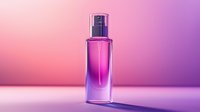 Glass perfume bottle with pink liquid on gradient background from coral to purple. Luxury cosmetic product photography with soft lighting and reflections.