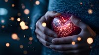 Magical glowing red heart shape held in cupped hands against dark background with sparkles and bokeh lights creating romantic atmosphere.