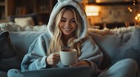 Young Caucasian woman in cozy hooded sweater relaxing on sofa with hot beverage, enjoying peaceful evening atmosphere with warm lighting and soft blankets.