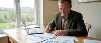 Mature male professional with glasses wearing olive cardigan working at wooden desk with laptop and financial charts, countryside view through window behind.