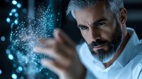 Mature bearded businessman in white shirt interacting with glowing blue holographic particles, representing digital transformation and future technology in corporate world.