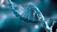 Glowing DNA molecule spiral structure in blue tones with bokeh effect background. Scientific genetic research concept for medical and biotechnology applications.