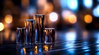 Elegant glass cylinders with metallic reflections against blurred bokeh lights background creating luxurious atmosphere for spa, wellness or fine dining design.