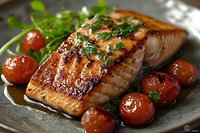 Grilled salmon fillet with caramelized cherry tomatoes and fresh herbs served on rustic ceramic plate, showcasing golden-brown sear marks and moist, flaky texture.
