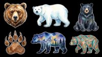 Watercolor bear illustrations set with brown grizzly, polar bear, black bear, paw print, forest silhouette bear, and patterned bear. Isolated on transparent background, ready for t-shirt design, clipart, stickers, and print-on-demand products.