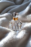Crystal perfume bottle with gold cap on soft white fabric background, elegant luxury fragrance container with faceted glass design and light reflections.