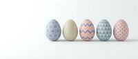 Five decorative Easter eggs with geometric patterns in pastel colors arranged in row on white background for spring holiday celebrations.