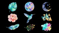 Watercolor botanical and celestial elements collection isolated on transparent background, ready for t-shirt design, clipart, stickers, sublimation and print-on-demand projects.