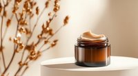 Luxury skincare cream jar on white podium with dried flowers shadow, amber glass cosmetic packaging on beige background. Perfect for beauty marketing.