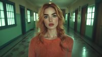 Young woman with red hair wearing orange sweater standing in dark green hospital corridor with dramatic lighting and moody atmosphere.