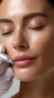 Close-up of young Asian woman receiving professional lip enhancement procedure with dermal filler injection, showcasing modern cosmetic treatment in medical setting.