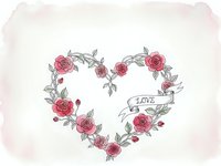 Heart-shaped wreath of red roses with leaves and love banner on soft pink watercolor background for romantic designs and wedding invitations.