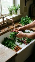 Man washing fresh organic vegetables and herbs in farmhouse kitchen sink with running water from copper faucet for healthy cooking preparation.