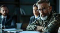Mature military veteran with gray beard in camouflage uniform at business meeting with corporate executives, discussing strategy and leadership in modern office setting.