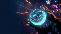 Glowing neon sphere held in hand with electric energy bursts and light trails, futuristic technology concept for digital innovation and power.