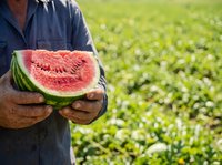 Farmer holding fresh cut watermelon slice in field during harvest season. Agricultural worker displaying ripe produce outdoors for farming and agriculture concepts.