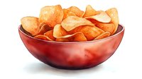 Crispy potato chips in red ceramic bowl on white background, golden fried snack food with salty seasoning, appetizing party serving for menu design.