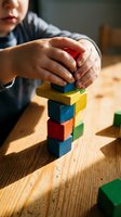 Child hands carefully stacking colorful wooden building blocks on table creating tower structure for educational play and development activities.