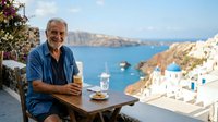 Senior man with gray hair and Mediterranean ethnicity enjoying coffee at outdoor cafe overlooking coastal cliffs and blue sea, travel and leisure lifestyle.