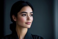 Young Asian woman with natural makeup and black outfit looking away thoughtfully against dark background, professional headshot style portrait for business and beauty concepts.