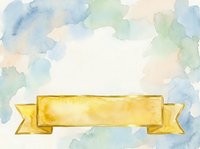 Watercolor abstract background with soft blue, green, and beige washes surrounding a golden ribbon banner isolated on white, ready for design projects and invitations.