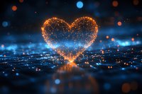 Glowing orange heart shape formed by magical particles floating above reflective surface with blue bokeh lights and sparkles in dark background.