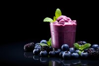 Purple berry smoothie with fresh blueberries and blackberries on dark background. Healthy antioxidant drink with mint garnish for wellness and nutrition.