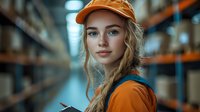 Young female warehouse worker in orange uniform and cap with blonde braided hair standing among storage racks, holding clipboard in modern distribution center.